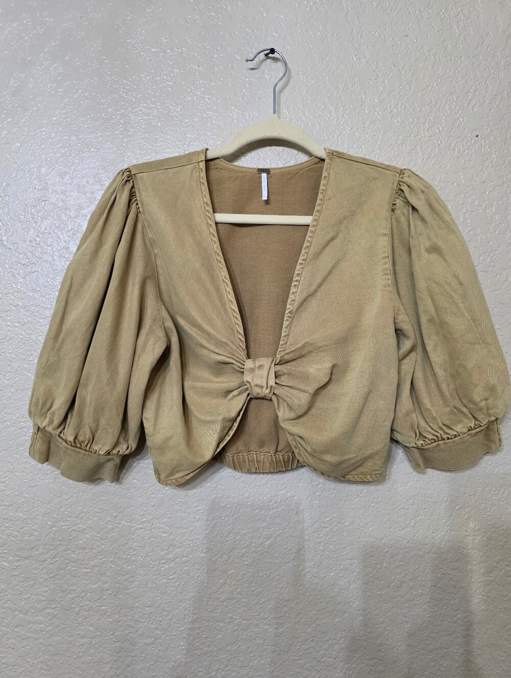 YFB Miranda Tan Tie-Front Puff Sleeve Crop Top